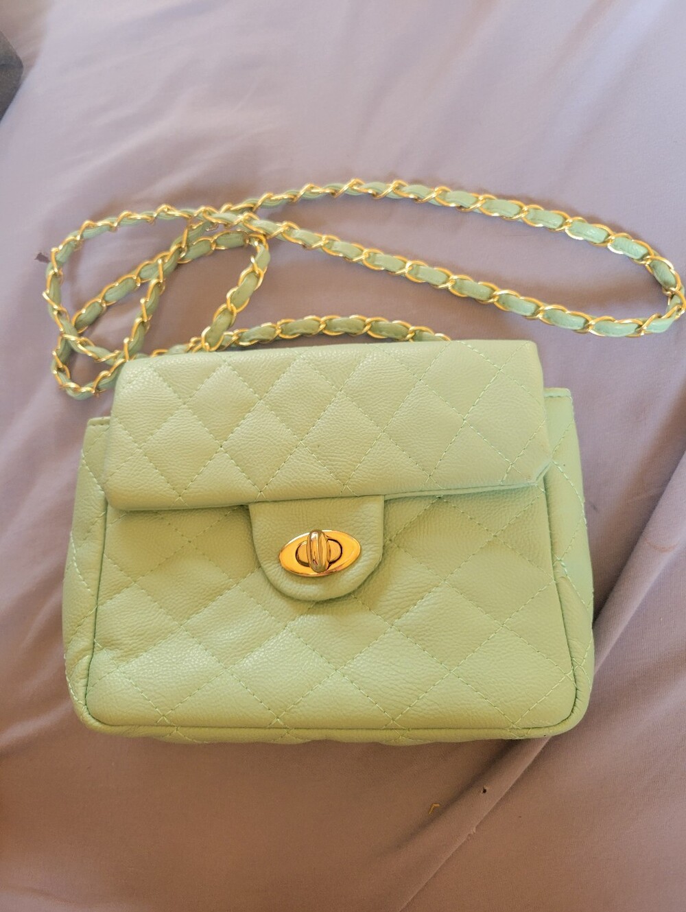 Mint Quilted Chain Crossbody Bag with Gold Hardware